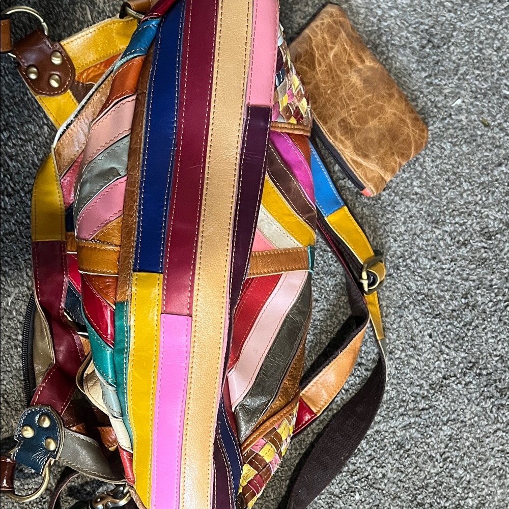 Multicolor Patchwork Real Leather Tote Bag/ Cross… - image 5